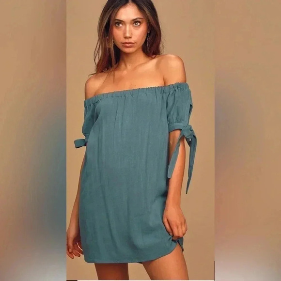 LuLu’s Al Fresco Evenings Slate Blue Off The Shoulder Mini Dress Size S EUC!! - Picture 5 of 11
